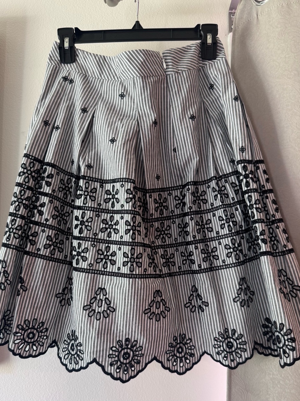 Talbots Black and White Striped Embroidered Circle Skirt